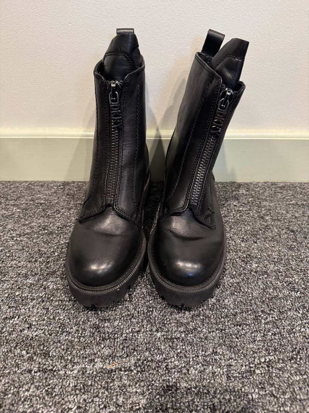 DKNY Black Leather Front Zip Combat Boots